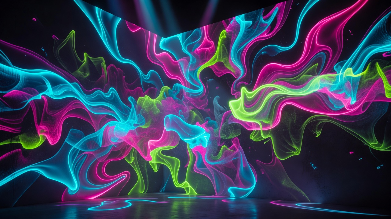 Bright dynamic neon digital design layout with flowing waves of cybernetic light