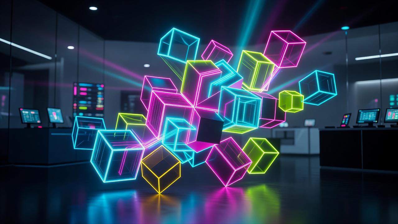 Bright dynamic cyber neon geometric design project with grid arrays