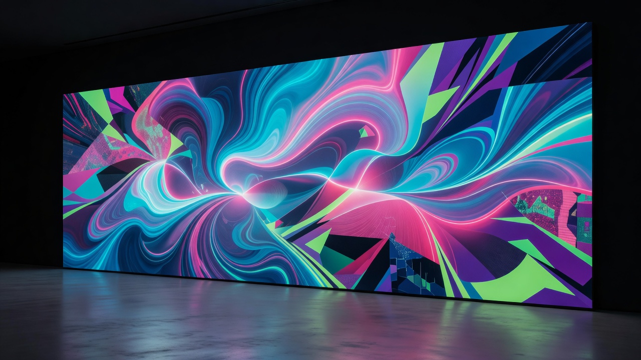 Ultra modern dynamic generative digital canvas installation with warm ambient spectrums